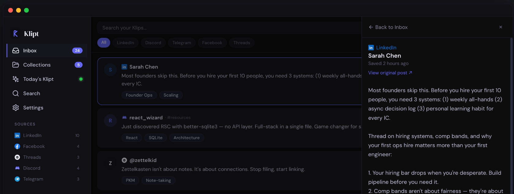 Klipt desktop app showing Inbox with clipped posts from LinkedIn, Discord, and Telegram — auto-tagged by on-device AI